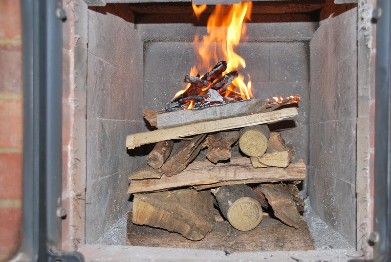 A medium sized fire stacked to burn from the top.